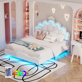 MODFU Polsterbett Kinderbett 140*200cm kronenförmiges Kopfteil, Kunstleder, LED-Lichtleist, Weiß(ohne Matratze) - Weiß
