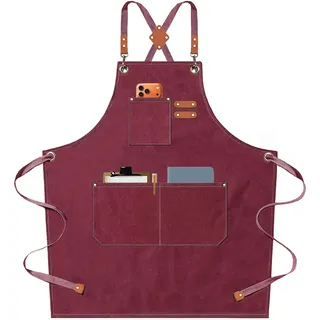 AFUN Kochschürze, Baumwoll-Leinen-Schürze, mit verstellbaren Trägern und großen Taschen, M bis XXL (dunkelrot)