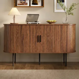 QQJIN Sideboard mit Schiebetür 140cm – Modernes MDF Sideboard Holzoptik mit Rolltür & Eisenbeinen für Wohnzimmer, Küche, Flur,D