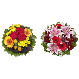 Dominik Blumen und Pflanzen, Blumenstrauß "Blütenmeer" mit roten Rosen, Färberdistel, Chrysanthemen und Gerbera & Blumenstrauß "Charlotte" mit rosa Lilien, Chrysantheme, Gerbera und Schleierkraut