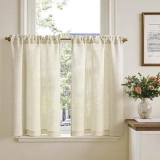 TOPICK Scheibengardinen Leinenoptik Bistrogardine für Wohnzimmer Küche Kleine Fenster Lichtdurchlässig Küchenvorhänge Kurz Gardinen Moderne Landhaus Scheibengardinen Tunnelzug 2er Set 65x90 cm Natur
