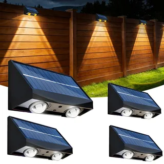 Solar Wandleuchten Außen,4 Stück Zaunleuchten Warmweiß mit Lichtkegel | IP65 wasserdicht, Auto Ein/Aus, Konvexlinse, hohe Helligkeit, gerichtetes Licht für Zaun, Hauswand, Terrasse & Balkon