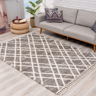 Teppich Hochflor Wohnzimmer - Ethno Raute Design 100x300 cm Grau Creme - Teppiche mit Fransen