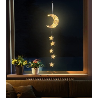 Lewondr Lichterkette Innen,Rattan Mond Sterne Lichterkette Deko Licht mit Timerfunktion Deko Hänger,Batteriebetriebene LED Lichte für Kinderzimmer Schlafzimmer Party Ramadan Dekoration, Weiß