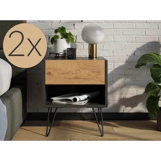 Posseik Nachttisch-Set Industrial B Stehend 40 cm Grafit Eiche Front 2-teilig