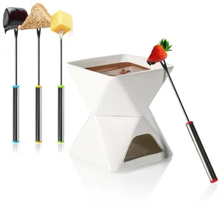 com-four® Schokoladenfondue-Set - Schmelztopf für Schokolade und Käse - Keramikschale mit Teelichthalter und 4 Gabeln - Schmelztiegel - Dessert-Dipschale für 4 Personen - Schmelzgefäß (weiß - eckig)