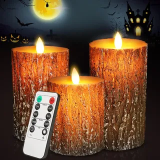 cimetech 3 LED Kerzen mit Timer – Echtwachs, flackernd, Fernbedienung | Echtwachs-Oberfläche mit Pine Bark Look. Flackerndes Warmlicht. Perfekt für Wohnzimmer, Advent & festliche Dekoration