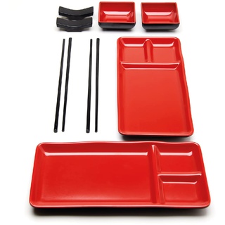 Goliber Japanisches Melamine Sushi Geschirr Set (8pcs) - Enthält 2 Schwarzes Geschirr, 2 Soßenschälchen, 2 Essstäbchen und 2 Essstäbchen Ablage - Asiatisches Geschirr Set (Rot)