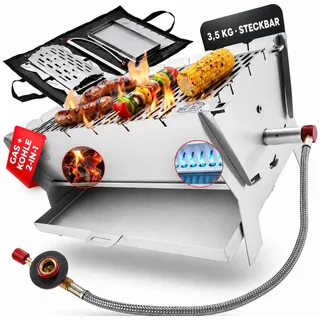 Little Bro Mobiler Steck-Gasgrill 2-in-1 Edelstahl Grill für Gas & Holzkohle - Inkl. Tasche (Grillmatte) & Schultergurt - Kompakter Campinggrill für Outdoor, Balkon & Trekking