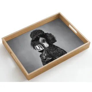 OnlyWow© Tablett Serviertablett rutschfest Griff Küchentablett | 50x35 cm - Rechteckig - Servierplatte Eiche Holztablett Henkel Hitzebeständig Hund - Locken - Sonnenbrille - Wein