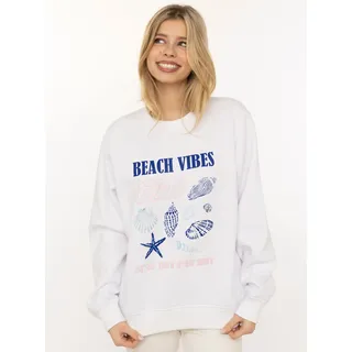 Hoodie ZWILLINGSHERZ "Beach Vibes Club", Damen, Gr. S/M, weiß, Sweatware, Obermaterial: 50% Baumwolle, 50% Polyester, Sweatshirts Hoodie, Rundhals, Muschel Print, Maritimer Look