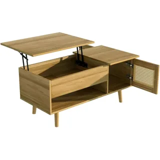 okwish Couchtisch mit Anhebbarer Tischplatte und Rattan-Türen für das Wohnzimmer 103 x 50 cm Natur