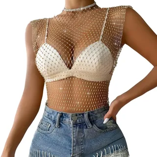 KSJEHW Mesh Kristall Top Festival Outfit Strasssteine Fischnetz ausgehöhltes Tank Top glitzerndes Körper Accessoire für Frauen und Mädchen(Weiß, M)
