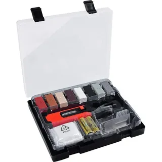 Werkzeyt Fliesen-Reparatur-Set 14-teilig - 8 unterschiedliche Farbtöne - Inkl. Wachsschmelzer, Hobel & Schleifschwamm - Geeignet für glatte Oberflächen aller Art / Reparatur-Kit für Stein / B27692