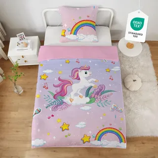 Yasida Einhorn KinderBettwäSche 140x200 Rosa Teenager MäDchen Kinder BettwäSche Lila Regenbogensterne Pferde BettwäSche Geschenke FüR Kinder Set Bettbezug 140x200 Und Kopfkissenbezug 65x65cm