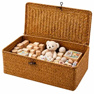 Seegras Aufbewahrungskorb mit Deckel, handgeflochtener Rattan-Korb mit stabilem Drahtgestell, vielseitig als Wäschekorb, Bad-Organizer, und Aufbewahrungsbox für Badezimmer und Schlafzimmer (M Größe)