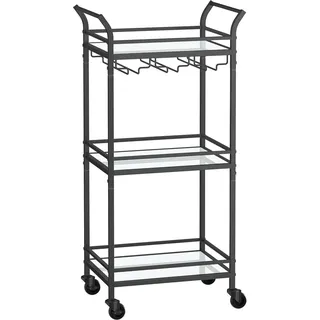 Vasagle Servierwagen, 3 Ebenen, Rollwagen, mit Rädern, Griffen, verspiegelten Glasablagen, für kleine Räume, Küche, Esszimmer, Bar, schwarz - Schwarz