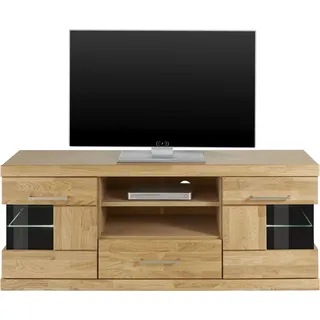 otto home Home affaire Lowboard »Ribe,140cm breit, Fronten Massivholz,6 Fächer,Kabeldurchführung« Korpus Holzwerkstoff,Glaseinsatz aus gehärtetem Glas,Böden versetzbar,