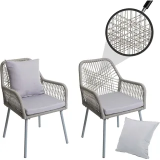 2er-Set Gartenstuhl HWC-O12, Outdoor Sitz-/Rückenpolster Aluminium Seilgeflecht Rope grau, Bezug grau - Grau
