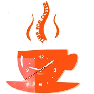 FLEXISTYLE Tasse Time for Coffee Moderne Küche (Zeit für Kaffee) Wanduhr, orange, 3D römisch, wanduhr deko, 32 x 19 cm