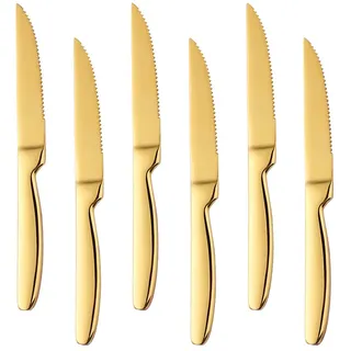 BISDARUN Steakmesser Set mit scharfem Wellenschliff Edelstahl 6-teilig Tafelmesser Gold Fleischmesser Steak Knives Set Länge 22 CM/8,66 Inch