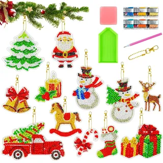 KECDRU Diamond Painting Anhänger Weihnachten Set Mit Zubehör 12 STK Anfänger Freundlich Acryl Platte Glänzende 5d Diamant Painting Schlüsselanhänger Für Weihnachtsbaum Deko Weihnachtsdeko Dekoration