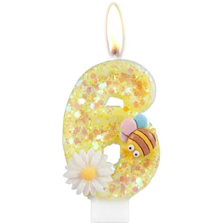 Blume Geburtstagskerzen, Zahl 6 Kerzen mit Biene für Kuchen, Mädchen 6. Geburtstag Dekorationen, Gelb Glitzer Geburtstagskerzen, Honigbienenkuchenkerzen Toppers für Mädchen Baby Geburtstag Party