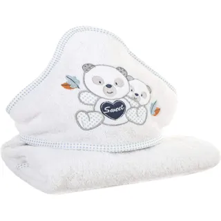 Eurofirany Baby Babyhandtuch Kapuze Weiß Blau Handtücher Kinderhandtuch Kindermotiv Teddybär Teddy Junge Badezimmer Weich Süß Kuschelig, 75x75 cm