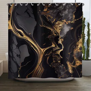 ASDCXZ Marmor Duschvorhang Schwarz Gold 180x180 cm, Modern Abstrakt Schwarz Gold Marmor Optik Textur Waschbar Bad Duschvorhänge Polyester Textil Wasserdicht Duschvorhang für Badewanne mit 12 Hake