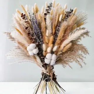 Ibenzoa® Trockenblumenstrauß mit Pampasgras & Eukalyptus – Lavendel, Baumwolle & getrocknete Gräser für Boho- & Vintage-Deko, pflegeleicht - Braun