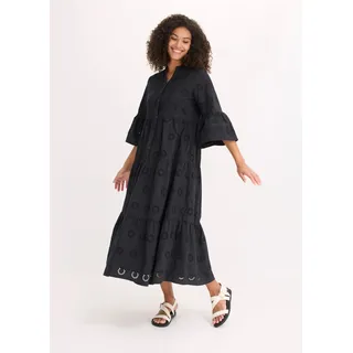 Midikleid BONPRIX, Damen, Gr. 40, N-Gr, schwarz, Obermaterial: 100% Baumwolle. Futter: 100% Baumwolle, A-Linie, Kleider Midikleid, aus reiner Baumwolle, A-Linien-Passform, 3/4-Ärmel, mit Stehkragen