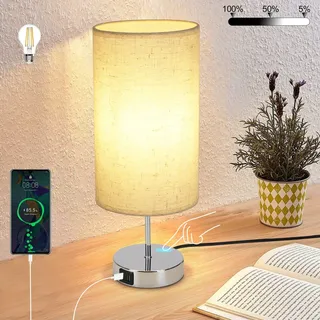 ZMH Tischlampe Wohnzimmer Nachttischlampe Vintage - 1er Chrom Tischleuchte mit USB-Ladefunktion E27 Aufladbar Schlafzimmer Nachtlicht Warmweiß Touch Dimmbar Schreibtischlampe mit Stoff Lampenschirm - Beige