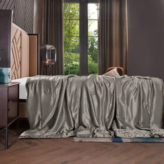 THXSILK Seidenkuscheldecke Innen und außen 100% Maulbeerseide - Leichte Sommerdecke aus Seide als Sofadecke Couchdecke Wohndecke - Kleine Seide Decke für Couch weich und warm - Holzkohle 135 x 180 cm