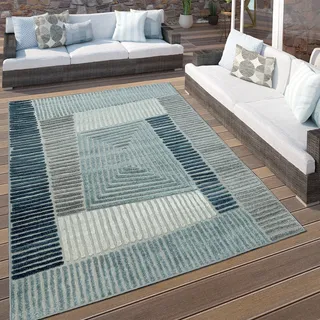 In- & Outdoor Terrassen Teppich Geometrisches Design Pastell Türkis Grau Creme Grösse 120 cm Rund - Blau