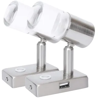 lighteu, 2x 12V 2W A2 USB Decken- / Wandstrahler, Nickel-Finish, Nachttischlampe, Leselampe drehen und schwenken mit Touch-Schalter Dimmbar warmes weißes/blaues Licht für Yacht, Caravan, RV