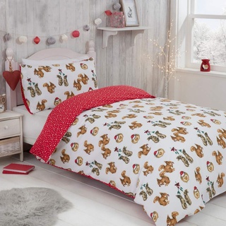 Sleepdown Wende-Bettwäsche-Set für Kinder, Motiv: Waldtiere mit weihnachtlichen Punkten, wendbar, mit Kissenbezug, Einzelbett (135 x 200 cm), Polycotton, weiß/rot