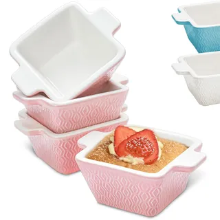 Praknu 4 Souffle Förmchen Keramik Set - Rosa 280ml - Backofenfest - Antihaftbeschichtet - Spülmaschinenfest - Eckig