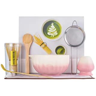 ZEWETO Matcha Set 8-teilig Japanisches Teezeremonie Set, Matcha Schale mit Ausguss (Chawan), Bambusbesen (Chasen), Besenhalter, Matcha-Löffel (Chashaku), Edelstahlsieb, Matcha Starter Kit Geschenkset
