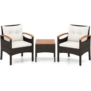 FANTASK Gartenmöbel 3er Set, Balkonmöbel Rattan Set inkl. 2 Rattanstühle & Gartentisch, Gartensitzgruppe Lounge Set mit Akazienholzplatte & Sitzkissen, Sitzgruppe für Terrassen, Balkon, Garten (Beige)
