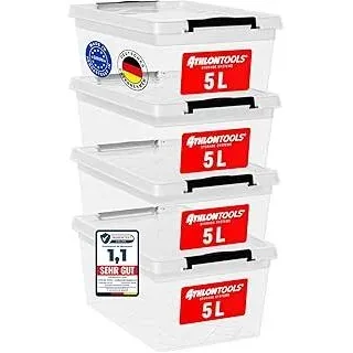 4 x 5 L Aufbewahrungsboxen mit Deckel, lebensmittelecht - Verschlussclips - 100% Neumaterial Plastik-Box transparent - Kleiderboxen stapelbar...