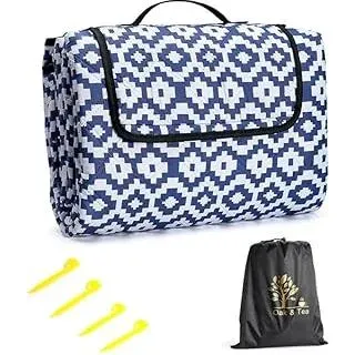 Oak & Tea Picknickdecke Wasserdicht Groß Faltbar Strandmatte Campingdecke 200 X 200 cm mit 4 Eckschlaufen Outdoor-Teppich mit Tragegriff Für Camping Karomuster Blau und Weiß