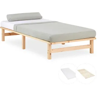 Homestyle4u Holzbett mit Matratze 90/200 cm natur , Holz , Kiefer , 90x200 cm , Schlafzimmer, Betten