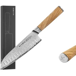 Klamer Santoku Damastmesser Olive echter japanischer Stahl 18 cm Kochmesser