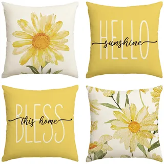 Artoid Mode Gelb Sonnenschein Gänseblümchen Frühling Kissenbezüge 4er Set, 45x45 cm Sommer Hello Sunshine Zierkissenbezug Couch Wohnzimmer Deko