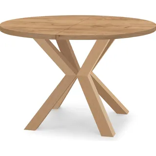 Runder Ausziehbarer Tisch für Esszimmer RAL mit Holzbeinen, Loft-Stil, Industriel, Durchmesser: 90 / 190 cm, Farbe: Eiche Craft Gold - Braun