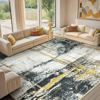 Zhaotingrui Teppich Groß Wohnzimmer Beige 200x290cm, Teppich rutschfest Kurzflor Flauschig, Teppiche Gegend Weich Abstrakt Modern für Wohnzimmer, Schlafzimmer, Esszimmer, Grauer&Gold