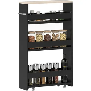 Servierwagen - Schmaler Küchenwagen auf Rollen - 3 Ebenen, Mit Griff, Ablageplatte, 48 x 15 x 80 cm, Montage erforderlich - Schwarz