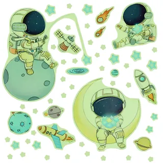 Leuchtsterne Kinderzimmer, Selbstklebende Wandsticker, Sternenhimmel Astronaut Rakete Planeten, 54 Stück Fluoreszierende Wanddeko Grün für Schlafzimmer Spielzimmer