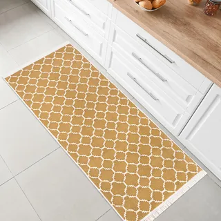 Kurzflor Teppich Läufer - Boho Kelim Teppich, Wohnzimmerteppich, Schlafzimmer und Küchenteppich, Flur Teppich, 60 x 180 cm, Morocco-Gold-Weiß - Gold