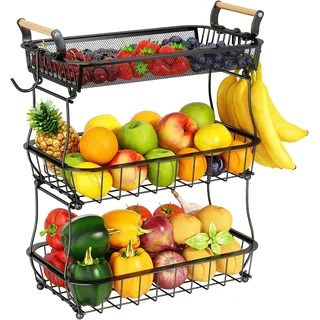Obstkorb mit 3 Ebenen und 2 Bananen-Aufhängern für Küchenarbeitsplatte, Gemüse-Arbeitsplatte, Aufbewahrungshalter, große Kapazität, Metalldraht, Obstständer, Organizer für Zwiebel, Snack, schwarz